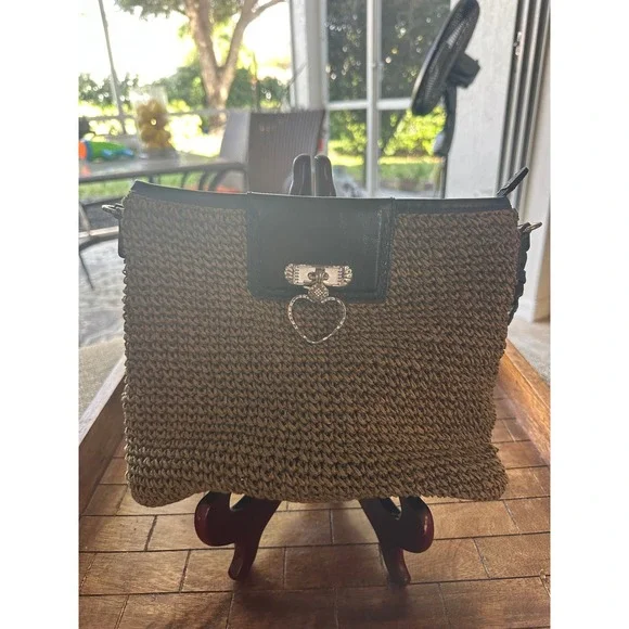 Vintage Brighton Straw Leather Heart Charm Shoulder Bag Women's Tan Black - Picture 1 of 13